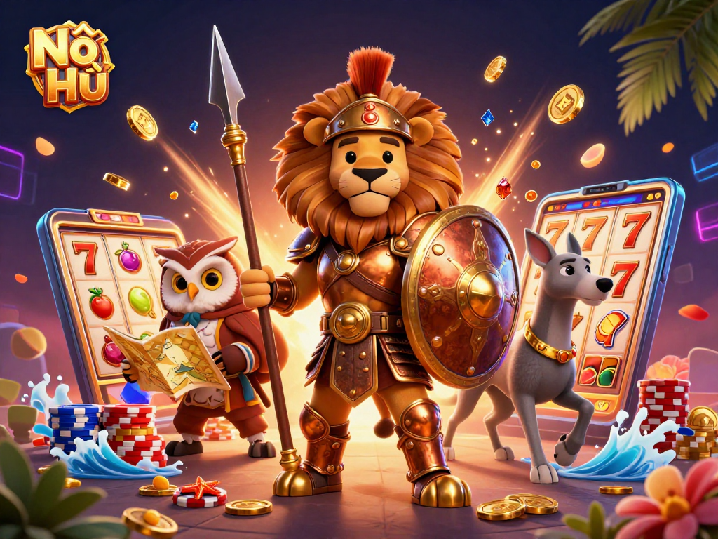 Nổ Hũ launches cascading wins with a Spartan lion, owl strategist, and greyhound in a vibrant slot gaming scene.