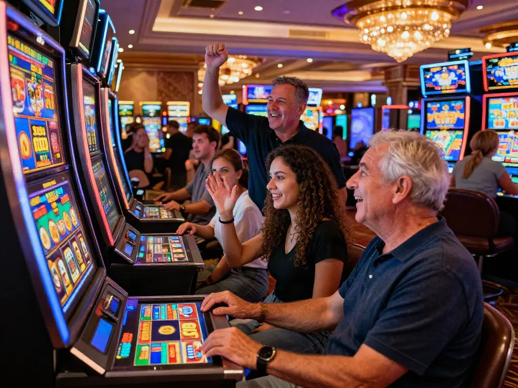 Excited players celebrating a slot jackpot win in a vibrant casino setting, showcasing colorful machines and dynamic lights.