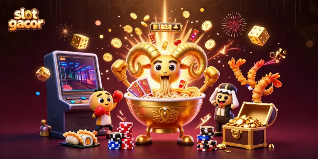 Experience the thrill of slot gacor with a vibrant scene featuring unique casino characters and a jackpot explosion.
