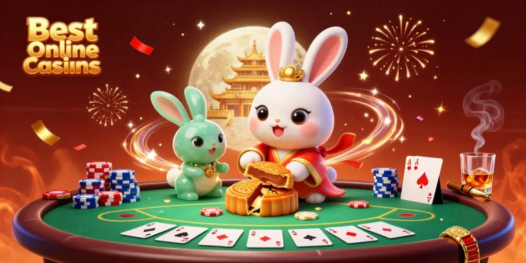 Experience the vibrant excitement of Best Online Casinos in this 3D scene with poker elements and festive themes.