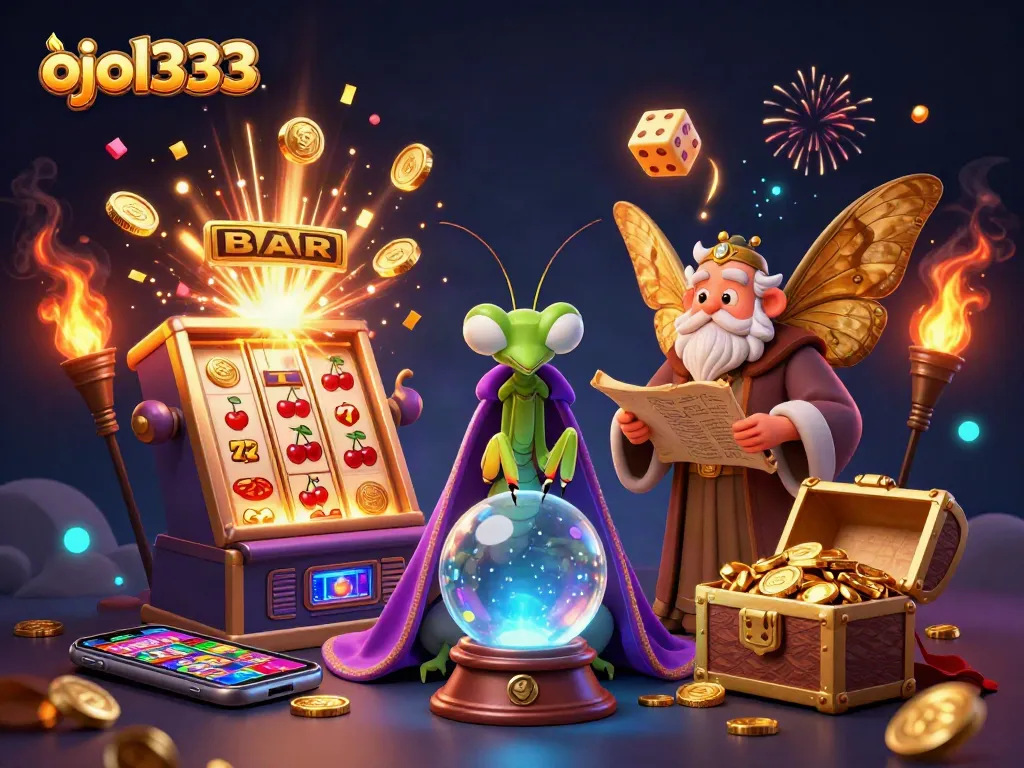Visualize ojol333's captivating gaming experience with a mystical fortune teller, slot machines, and vibrant game elements.
