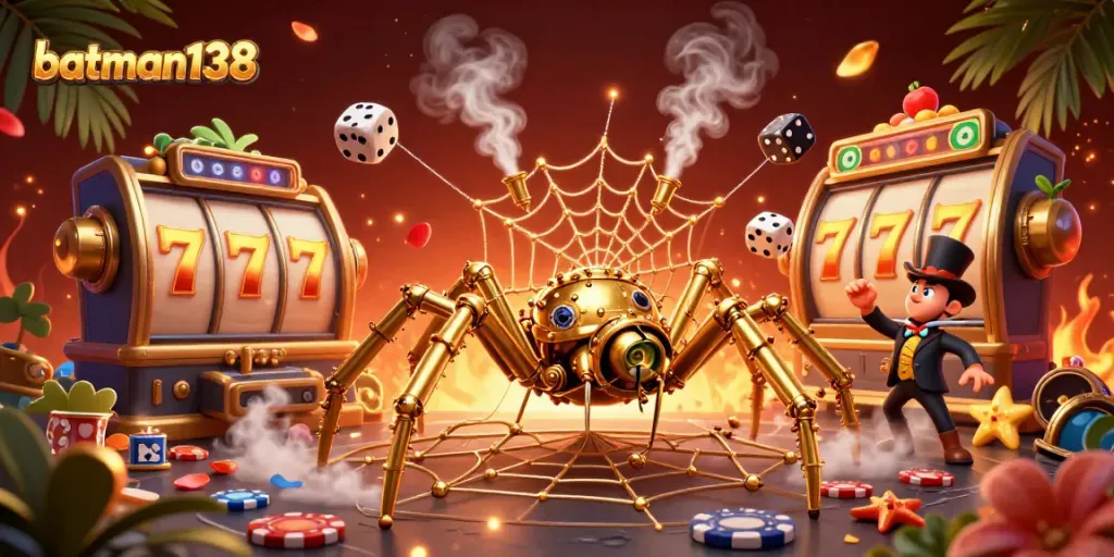 Batman138 menangkap dadu sial dalam jaring, simbol slot bersinar di sekelilingnya.