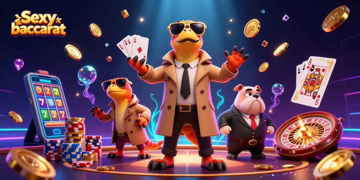Experience sexy baccarat thrills with cartoon raptors in a trench coat at a vibrant casino.