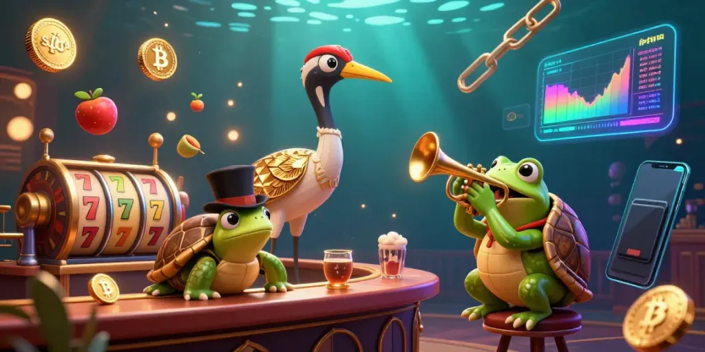 Spin the slot reels with vibrant characters in a lively casino scene featuring a 3D turtle and frog.