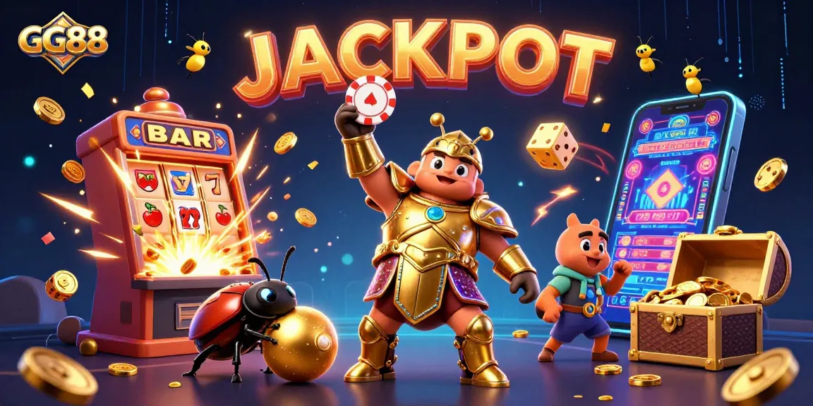 Engage with GG88's thrilling jackpot scene featuring a heroic beetle and golden rewards.
