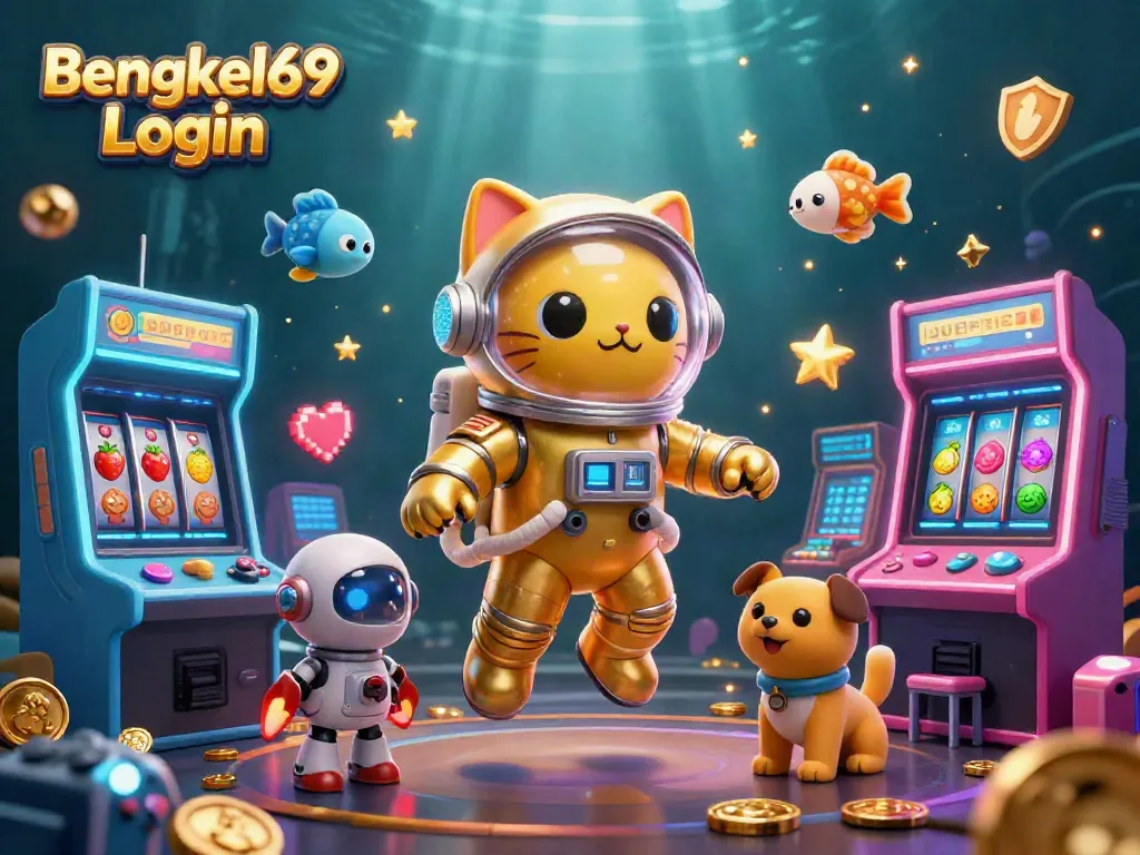 Experience thrilling gameplay with Bengkel69 Login in a vibrant cosmic casino scene featuring an astronaut cat.