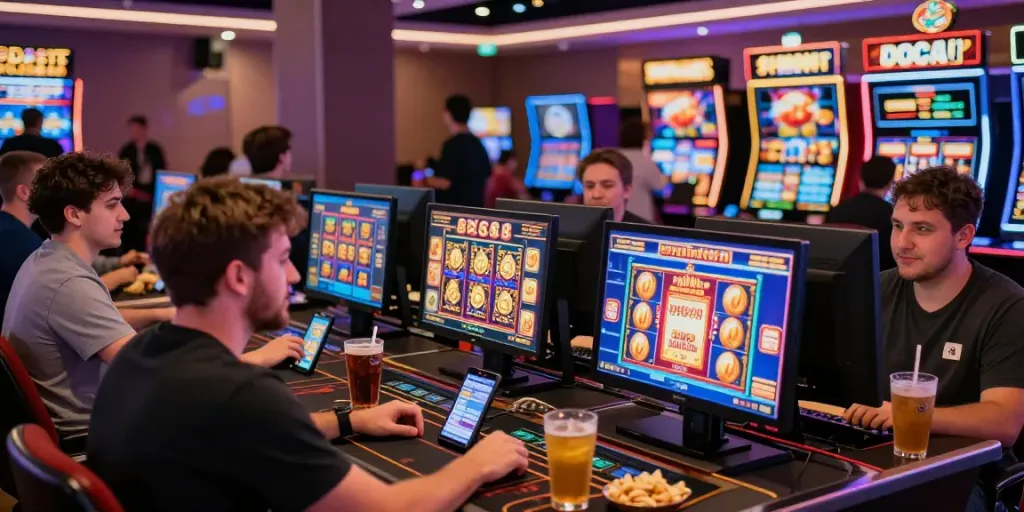 Exciting slot888 gaming scene with players engaged at computers and mobile devices.