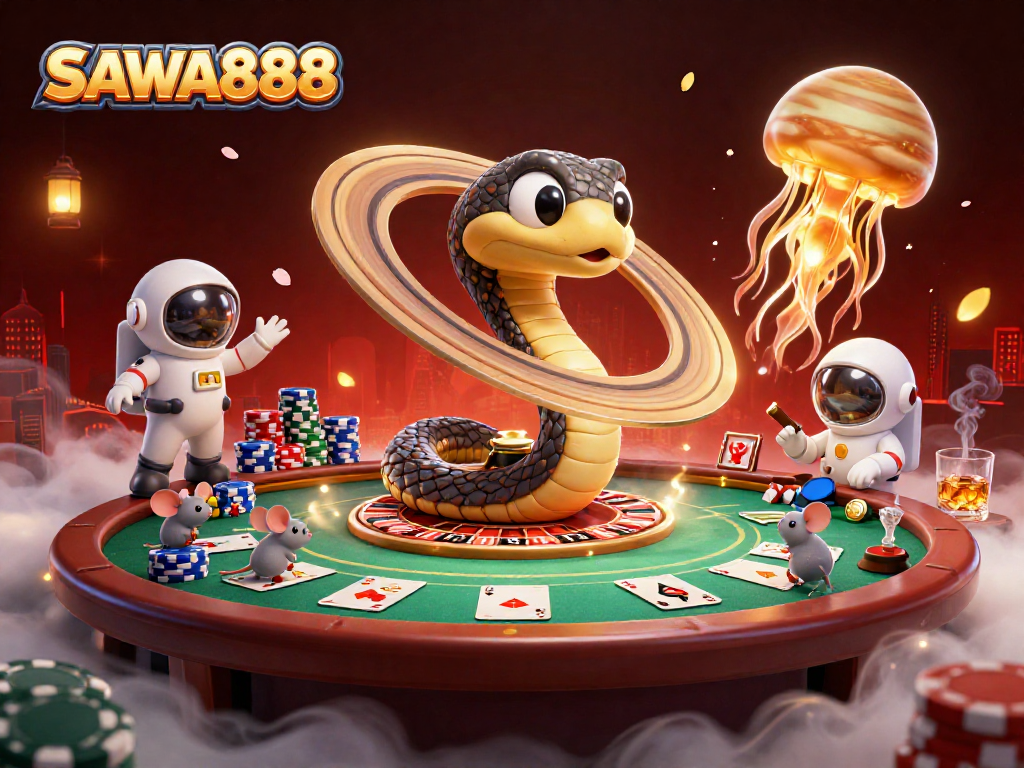 Enjoy thrilling spins at SAWA888 as cosmic dealer guides cute astronaut mice betting on floating roulette rings.