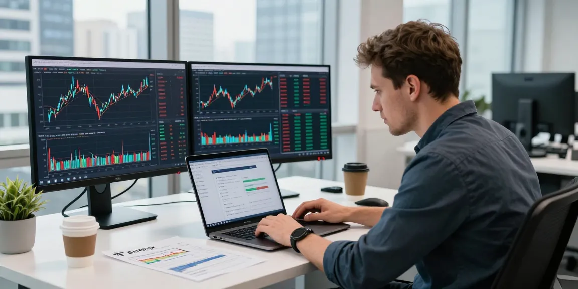 Трейдер анализирует отзывы BitMEX с помощью ноутбука в современном офисе.