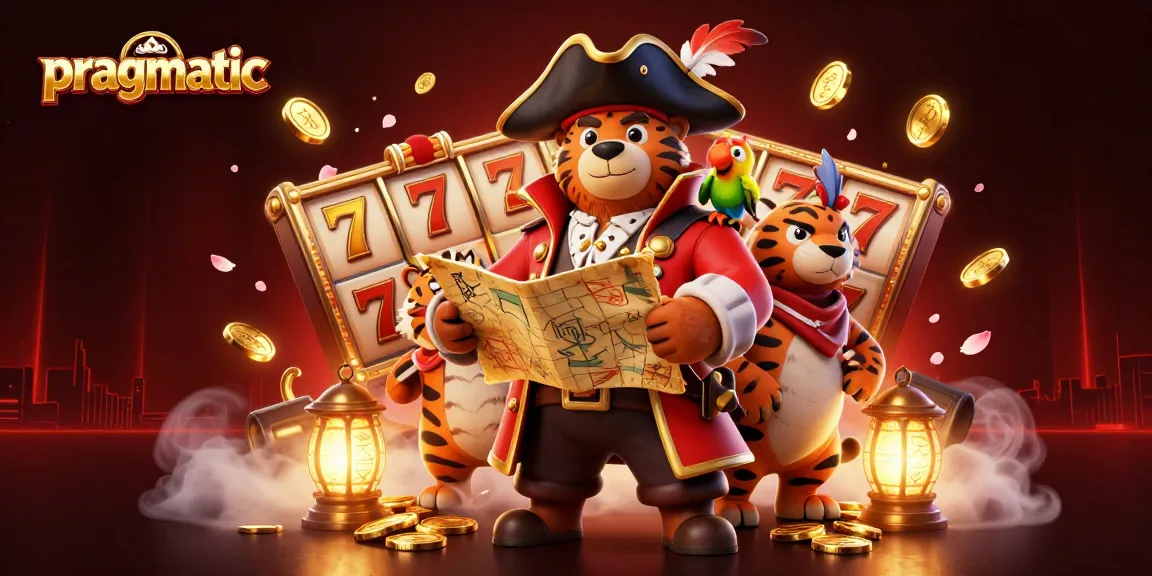 Engage in thrilling pragmatic slots gameplay with pirate captain bear, tiger, and golden parrot.