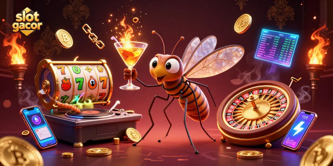 Experience slot gacor action with a unique casino scenario, featuring cartoon characters and glowing cryptocurrency elements.