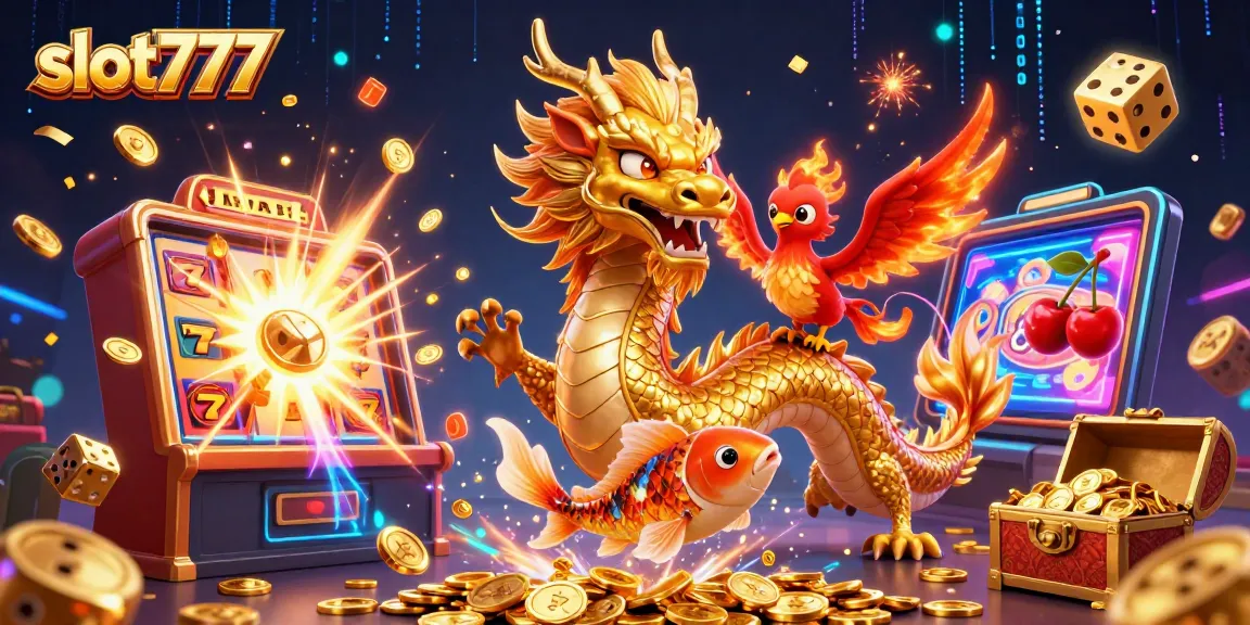 Experience the excitement of slot777 with vibrant dragons, jackpots, and winning moments in this dynamic illustration.