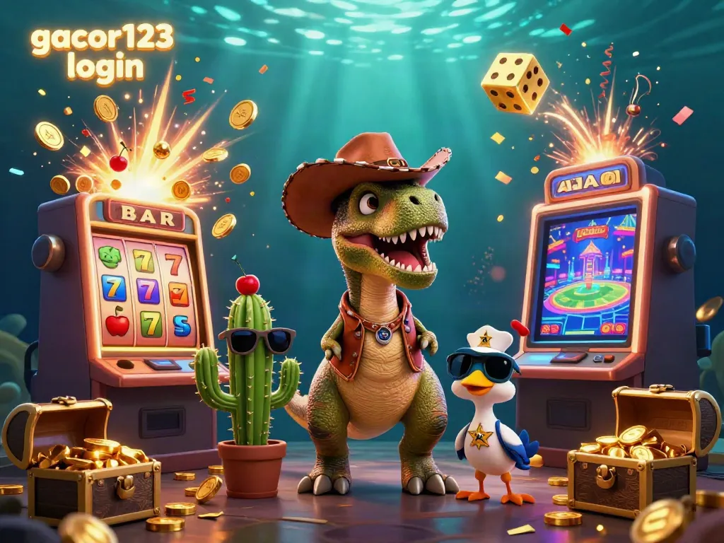 Experience gacor123 login with vibrant casino-themed illustration featuring jackpot slots and 3D characters.