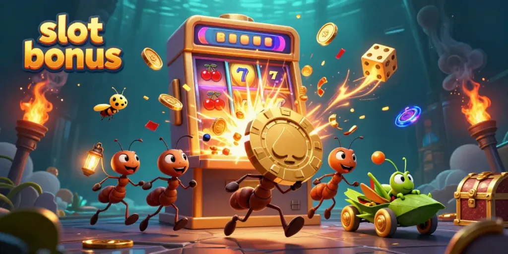 Watching a slot bonus heist unfold, as ants carry a giant poker chip amidst golden explosions.
