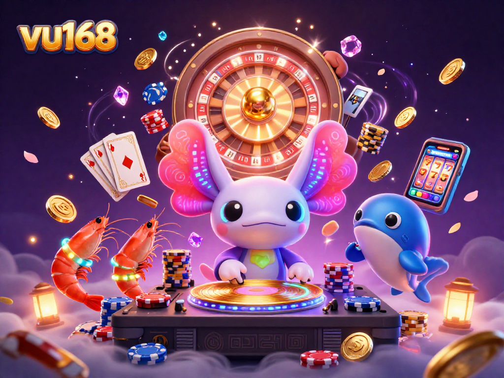 Join the vibrant vu168 experience with a neon-colored axolotl DJ and animated sea creatures celebrating jackpot wins.