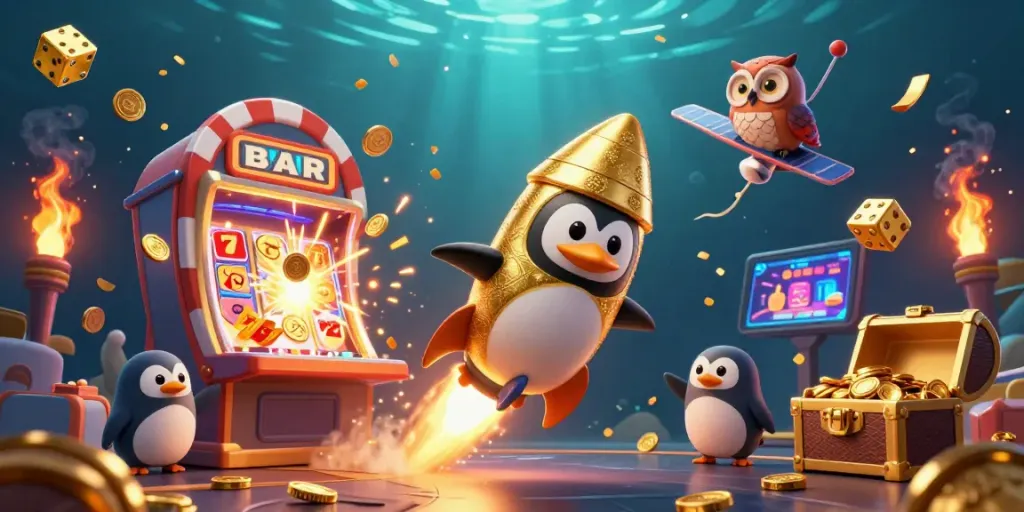Win big with Taysen Toto while the golden penguin blasts through a dynamic casino-themed galaxy.