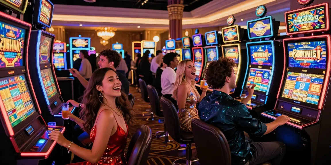 Suasana kasino yang meriah dengan teman-teman merayakan kemenangan di mesin slot situs slot gacor.