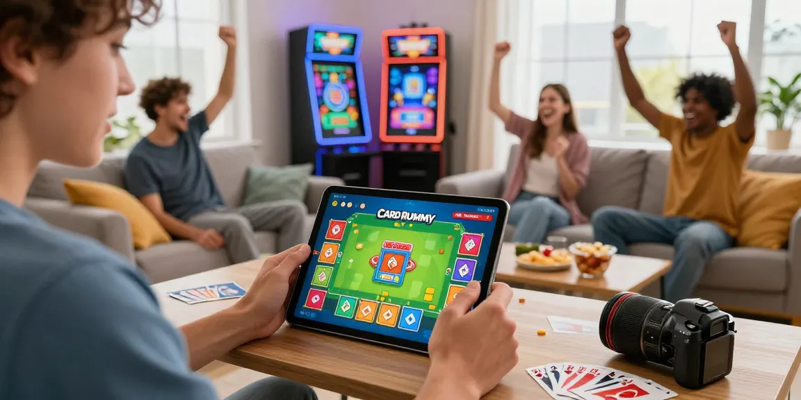 Exciting rummy app gameplay at home with friends cheering in a vibrant environment.