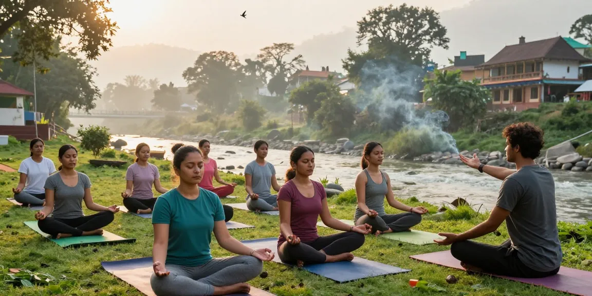 Transformative pranayama courses in Rishikesh as students practice breathwork in a serene setting.