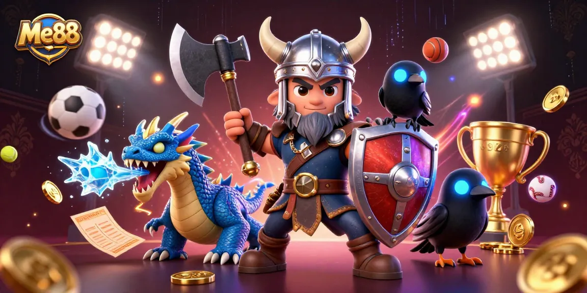 Experience thrilling bets with Me88 in a vibrant 3D casino scene filled with sports action.