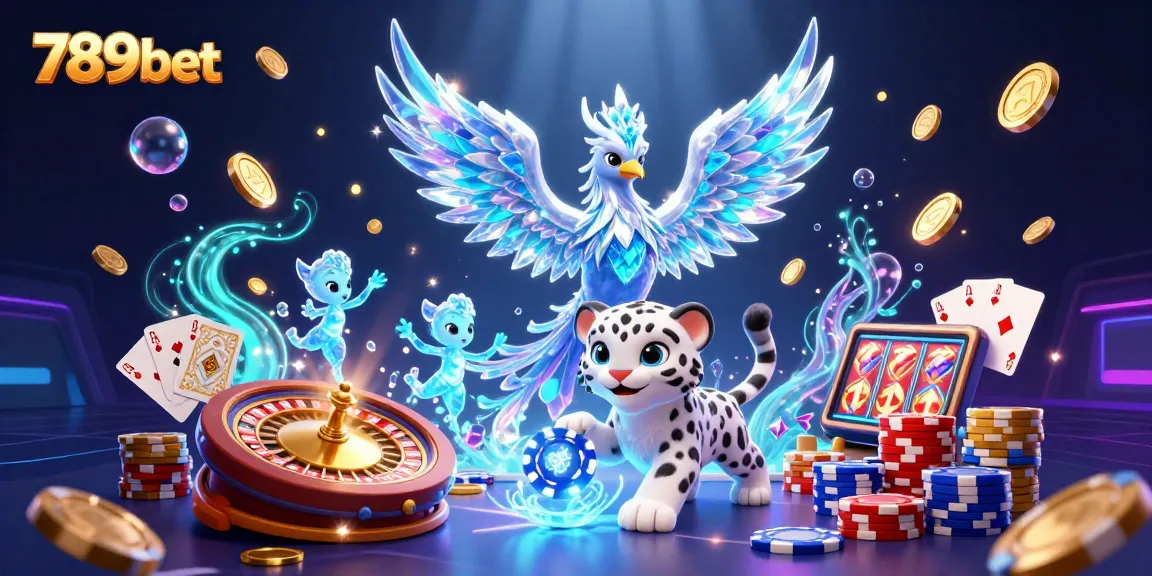 Engage with 789bet's online casino experience featuring cartoon characters, colorful poker chips, and spinning roulette wheels.
