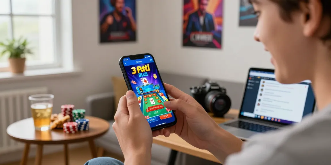 Download free 3 Patti Blue app on mobile device while enjoying popular casino games in a cozy room atmosphere.