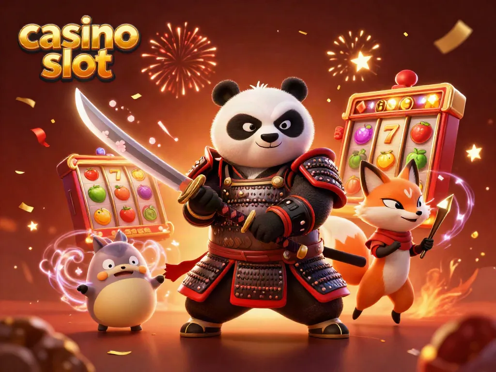 Engaging scene of a samurai panda and ninja fox amidst casino slot elements, showcasing exciting gaming action.