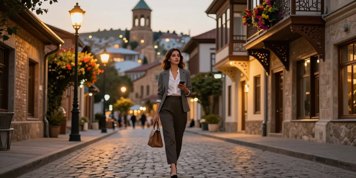 Escort Tbilisi: Stylish woman strolling through charming cobblestone streets at dusk.