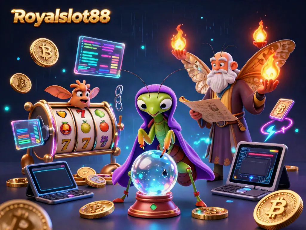 Royalslot88 menghadirkan ilustrasi 3D dari penjaga keberuntungan dan simbol permainan slot yang menarik.