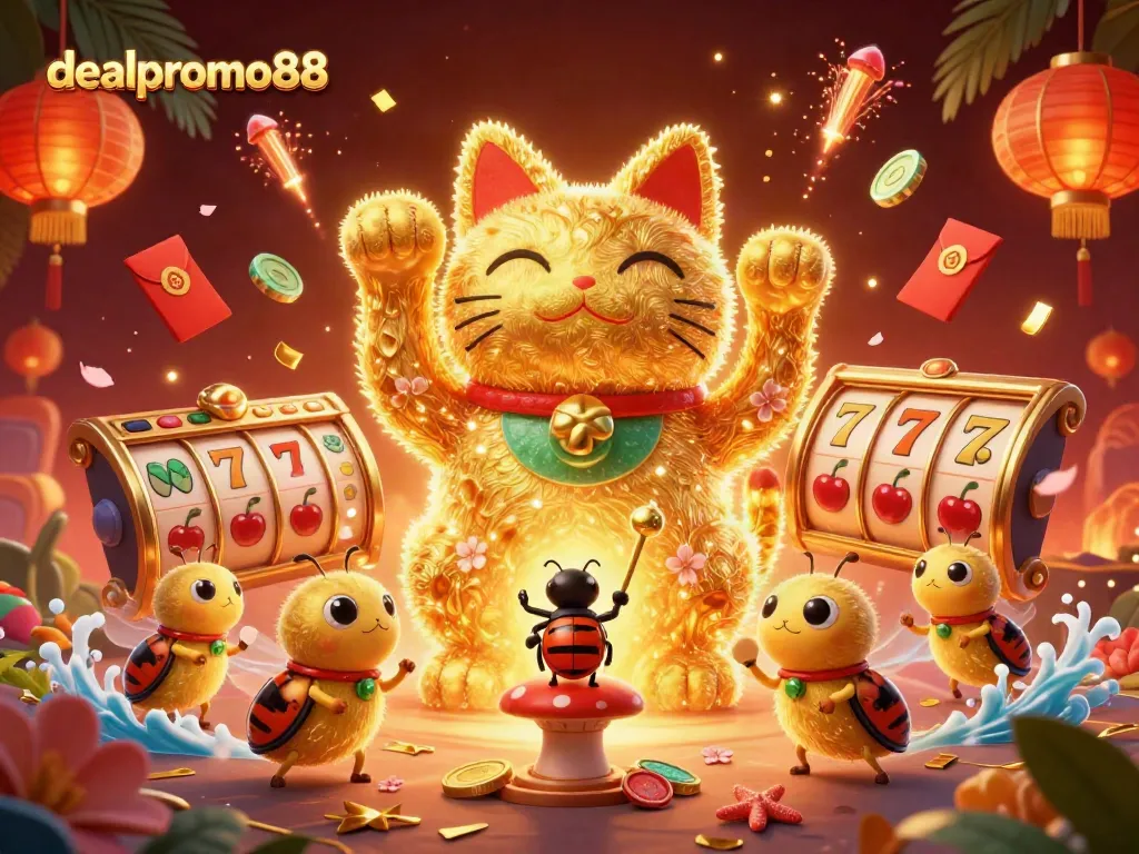 Engage with dealpromo88's vibrant casino scene featuring a lucky cat and slot symbols.