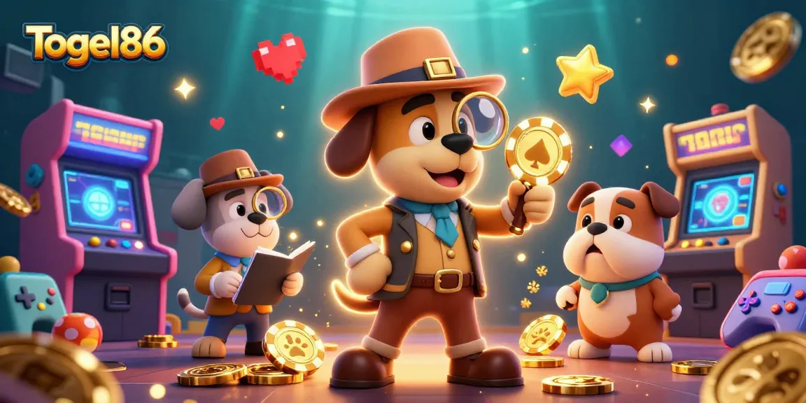 Play with Togel86 and enjoy an immersive experience featuring a detective and puppy in an arcade world.