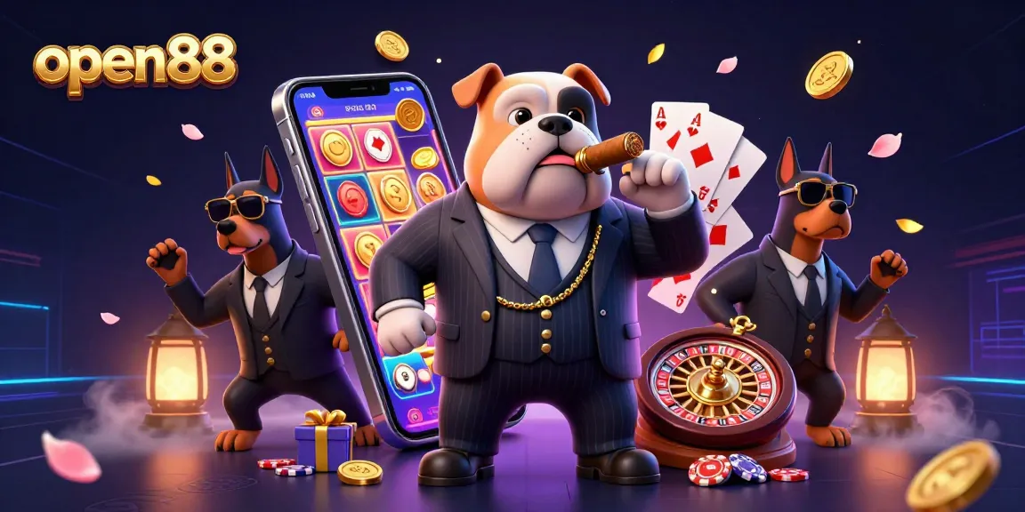 Spin to win at open88 with a mafia boss bulldog and his Doberman bodyguards amid dynamic casino elements.