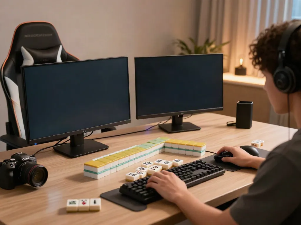 Permainan Mahjong Ways 2 dengan pemain fokus, dilengkapi aksesori dan suasana gaming yang nyaman.