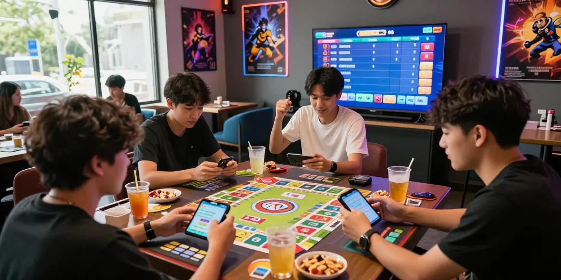 Group enjoying yonogamesoriginal mobile rummy games in a vibrant lounge setting.