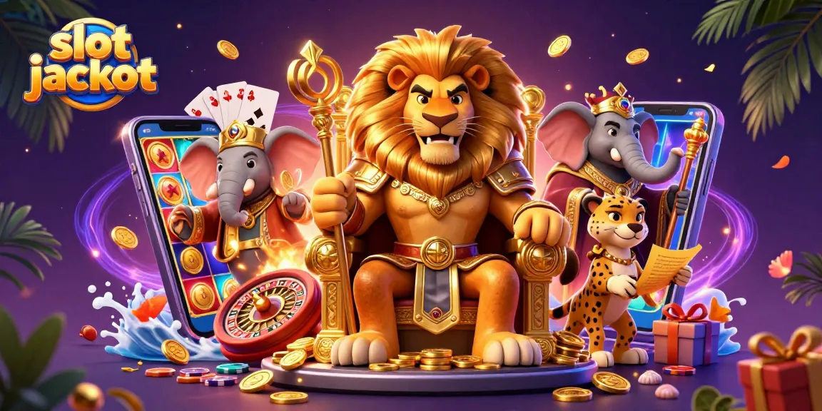 Memenangkan slot jackpot dengan raja singa, gajah bijaksana, dan pengirim cheetah dalam ilustrasi kasino yang dinamis.