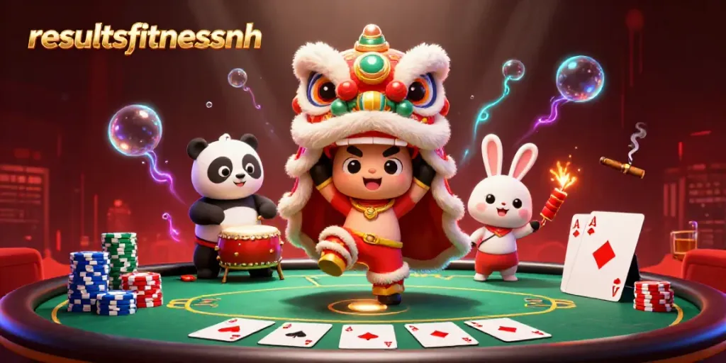 Momen meriah dengan karakter hasilfitnessnh menari, dikelilingi chip poker dan suasana ramai.