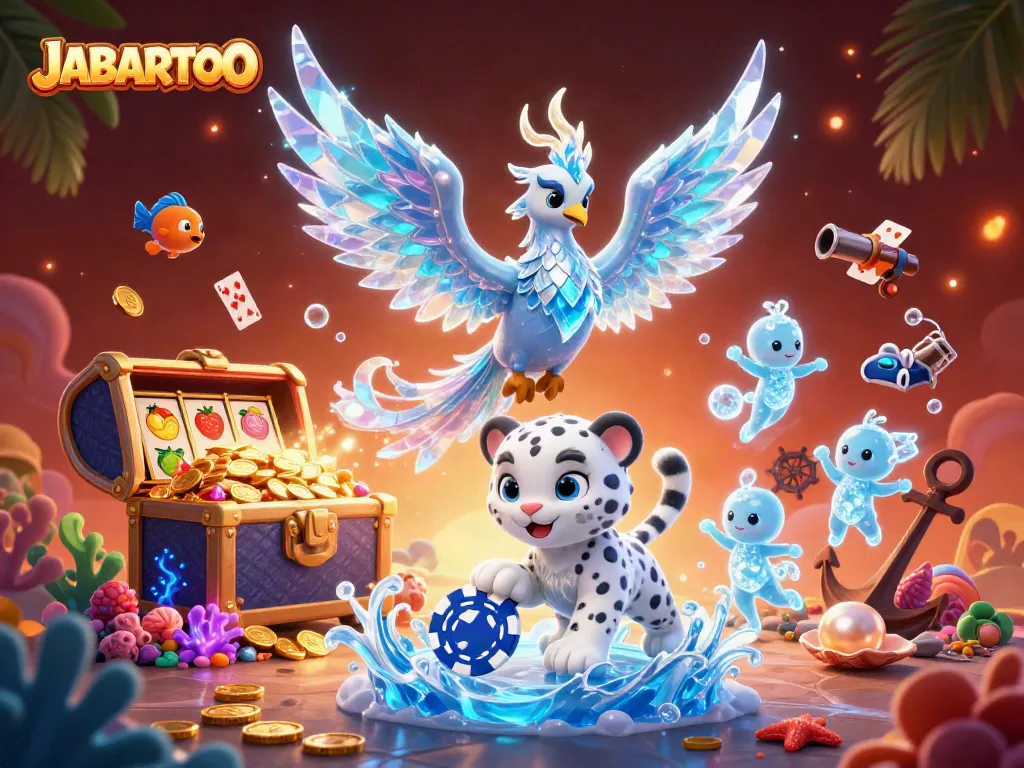JABARTOTO menghadirkan ilustrasi kasino dengan phoenix es dan simbol slot yang berkilau.