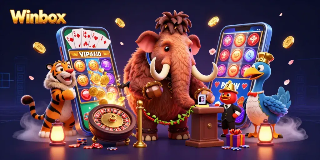 Winbox showcases a vibrant casino scene with a woolly mammoth checking IDs amid dynamic gaming elements.