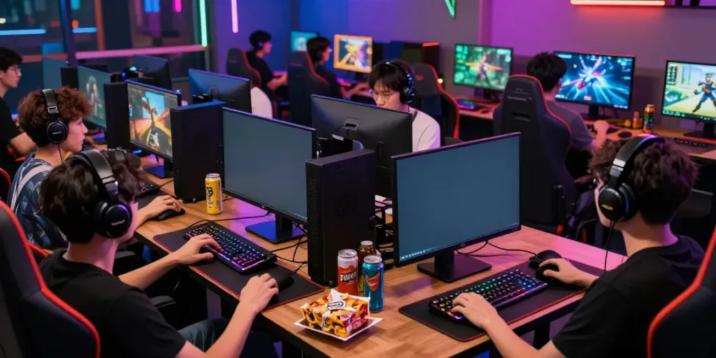 Excited players immersed in the qqmacan online gaming experience in a vibrant lounge setting.