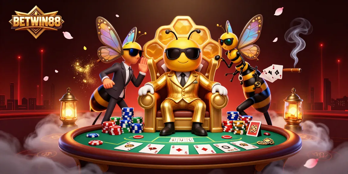 Engage in the excitement of BETWIN88 poker, featuring a bumblebee mob boss and vibrant casino elements.