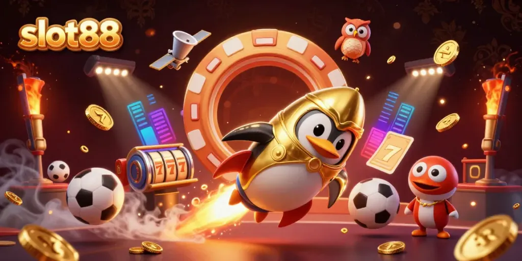 Slot88 merayakan kemenangan dalam ilustrasi kasino bertema luar angkasa yang berwarna-warni.