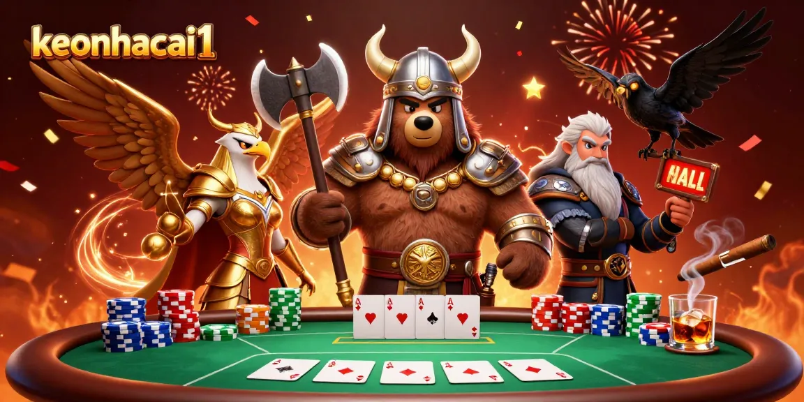Players strategizing with keonhacai1 at a lively poker table filled with action-packed elements.