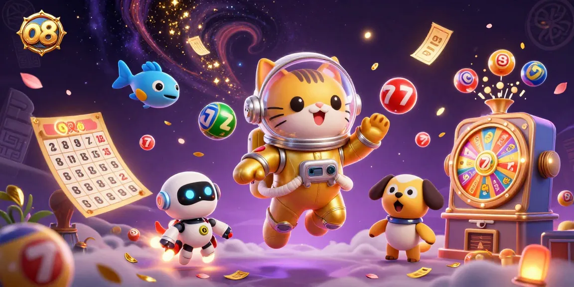 o8 showcases vibrant slot reels, golden tickets, and colorful lottery balls in an engaging gaming scene