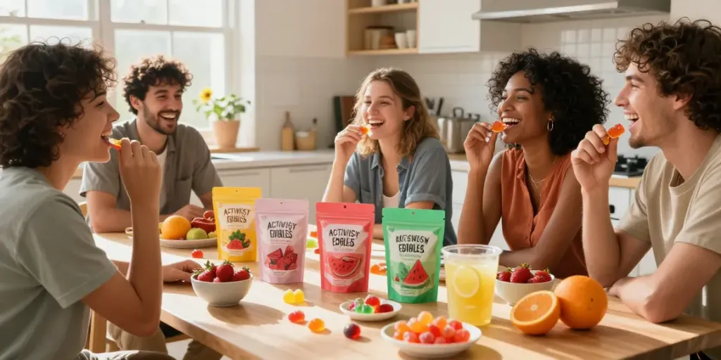 Friends enjoying Activist Edibles infused treats in a sunny kitchen.