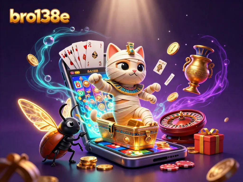 Experience thrilling gameplay with bro138e, featuring a mummy cat and dazzling casino elements in action.