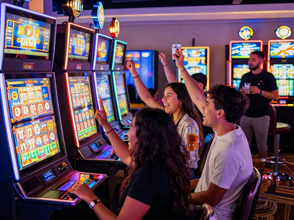 Players celebrating a jackpot win on slot gacor machine in vibrant casino.