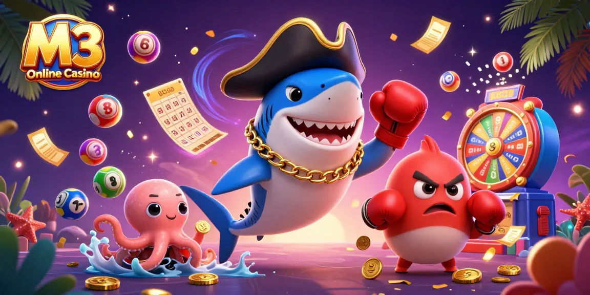 M3 Online Casino engages players with a vibrant 3D scene featuring playful marine characters amidst lottery excitement and gold.