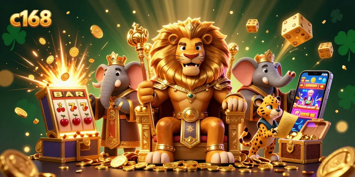 Experience the excitement of c168 with a vibrant scene of a fierce lion king and dynamic gaming elements.