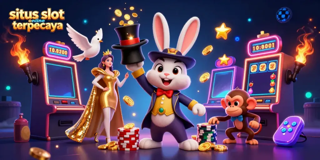 Gali kemenangan di situs slot online terpercaya dengan ilustrasi magis mesin slot berkilau.