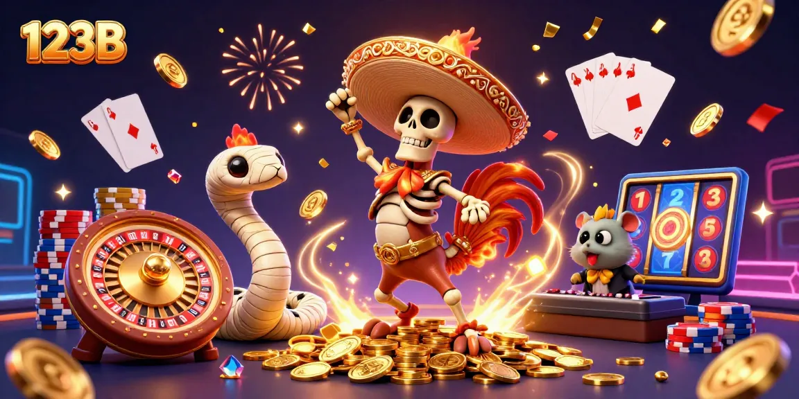 Experience the excitement of 123B with a 3D illustration of casino characters celebrating on a pile of gold coins.